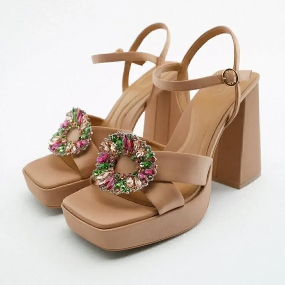 ZARA Nude Platform Block Heel Sandals Rhinestone Jewel Buckle NWT Size 8